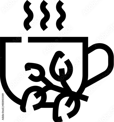 Hot herbal tea infusion in cup with steam icon