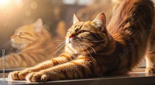 Orange tabby cat stretching on windowsill in sunlight