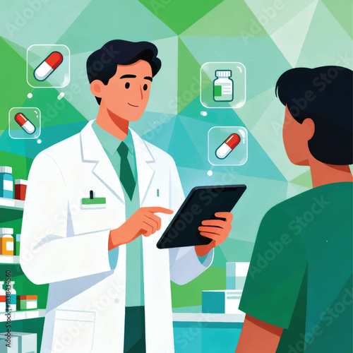 Illustration Of Pharmacist Explaining Medicine To Customer With Digital Tablet, Medicine Icon Vector Design Template