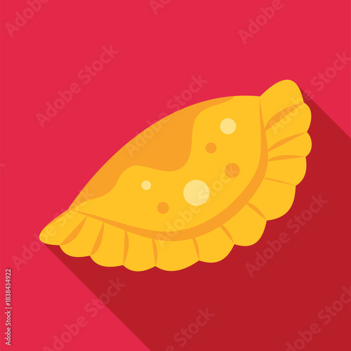 Empanada pastry on a red background with long shadow, flat design illustration