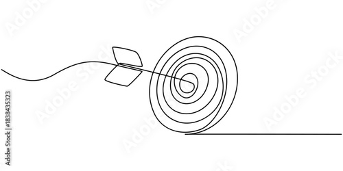 Continuous one line drawing of arrow in center of target. Single line art minimalist hand drawn vector illustration