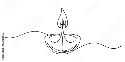 Continuous line drawing illustration of Diwali candles, for religious concept 1. Oil lamp, candle burning flame black contour line simple minimalist vector. Editable outline