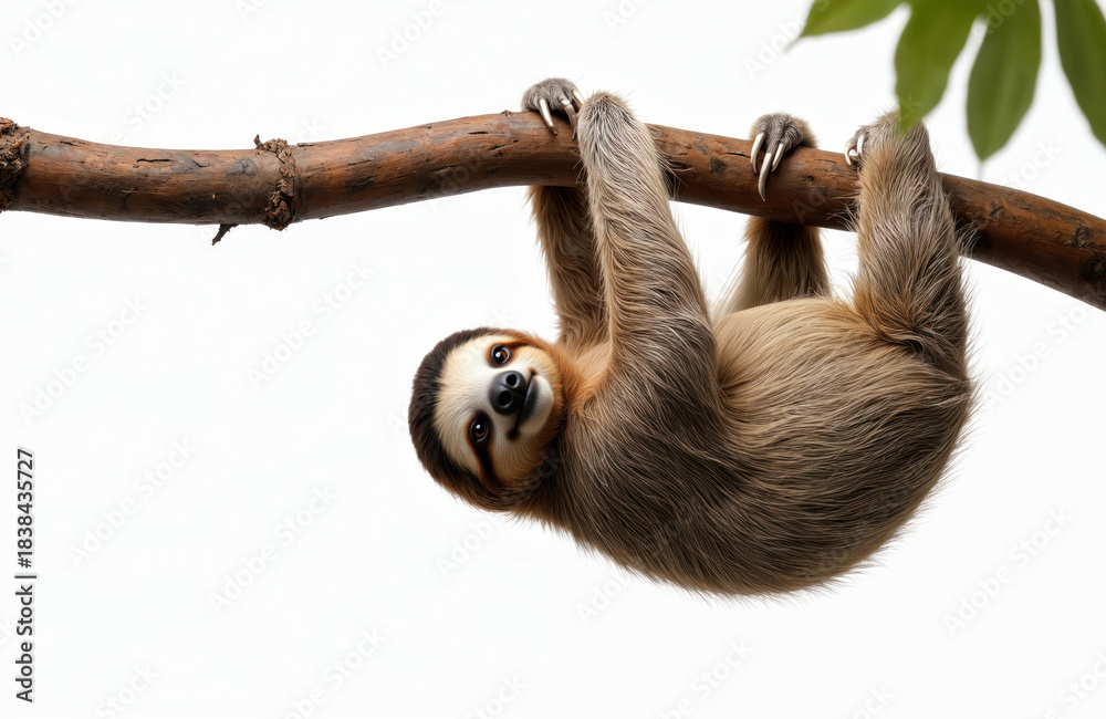 Obraz premium Sloth hanging on a tree branch with sharp claws. Funny animal relaxes on wood log with green leaves on white background. Cute mammal with fur and long arms hanging upside down.