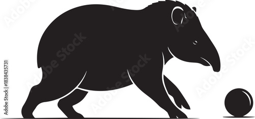 Silhouette of a tapir walking towards a ball