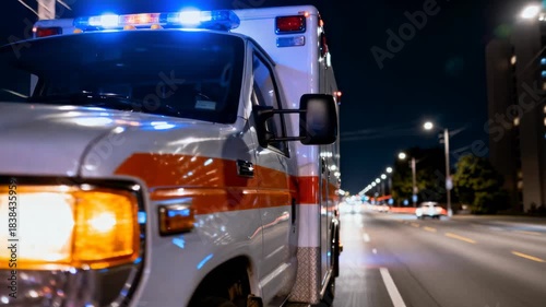 Emergency ambulance speeding through city streets at night with flashing lights and motion blur.