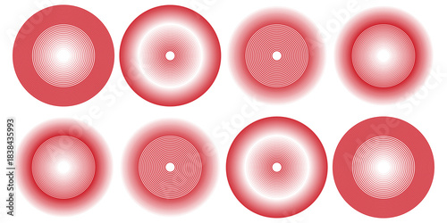 Red concentric ripple circles set. Sonar or sound wave rings collection. Epicentre, target, radar icon concept. Radial signal or vibration elements. Halftone line vector illustration