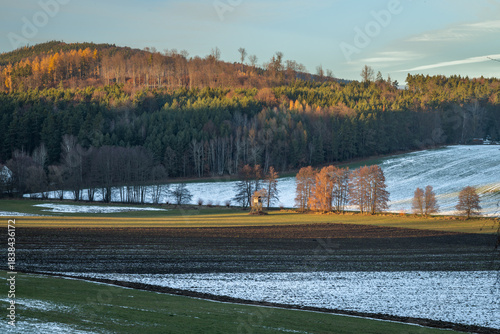 Sunset autumn evening view for landscape near village Brloh south Bohemia