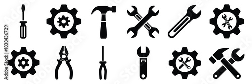 Tools and Service Icon Set Featuring Wrench, Screwdriver, and Gear Symbols in Clean Vector Illustration for Settings, Repair, Maintenance, and Technical Support Design Projects
