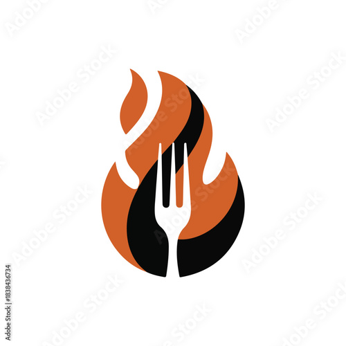 A striking logo design features a stylized flame incorporating a fork representing fiery cuisine and culinary passion