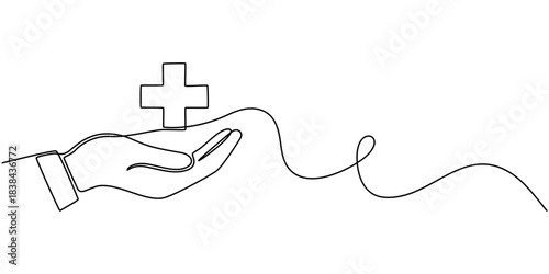 Continuous line drawing of palm hand holding medical cross and heart love. Vector illustration