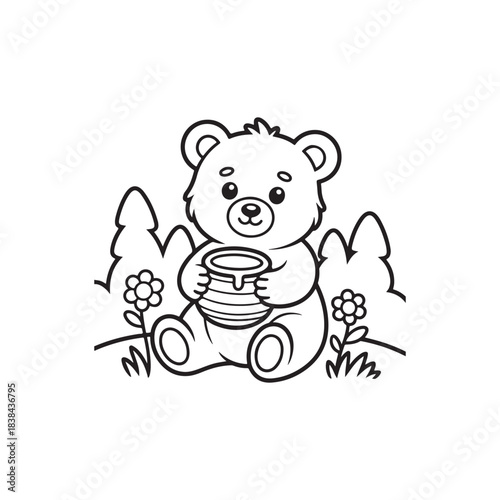 A charming black and white illustration depicts a cute bear cub enjoying a pot of honey amidst flowers and trees