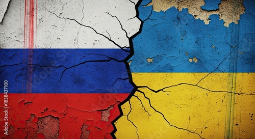 Discord Between Nations: The flags of two nations, Russia and Ukraine, are juxtaposed on a weathered wall, bisected by a deep fissure.