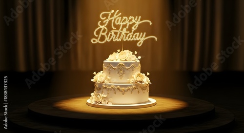 Birthday cake celebration luxury dessert white gold tiered wedding anniversary event party neon sign topper