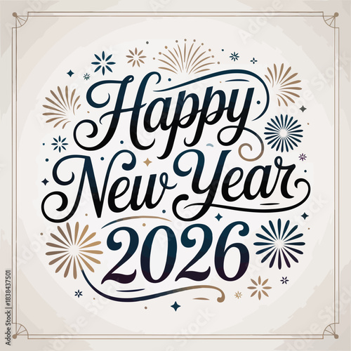 Happy New Year 2026: A festive graphic announcing the arrival of 2026, incorporating elegant typography and celebratory fireworks elements. 
