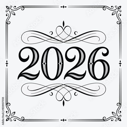 Year 2026 Vintage Design: A stylish and ornate design marks the year 2026, combining elegant typography with decorative flourishes. It symbolizes time's passage and future anticipation.