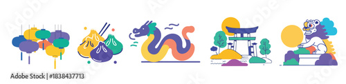 Asian oriental icon set with Chinese New Year symbols including lanterns, dragons, temples, and dumplings