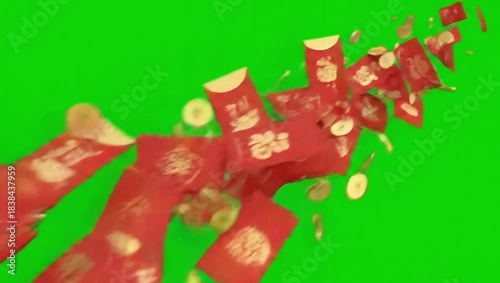 Abundance of traditional red envelopes and shimmering gold coins cascading against a vibrant green screen, symbolizing prosperity and good fortune