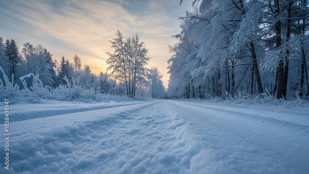 Fototapeta premium A snowy forest road at sunrise, with frost-covered trees lining the path, soft pastel sky, and fresh snow creating a calm, cold winter landscape.