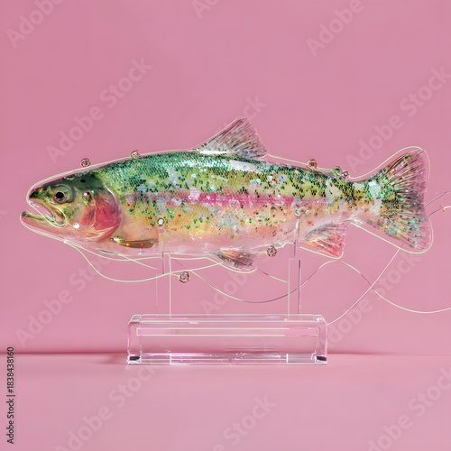 Colorful fish sculpture on pink background in minimalist display