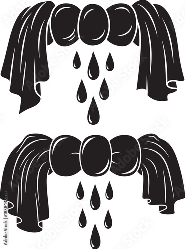 Two stylized black and white depictions of dripping wet mop heads with water droplets