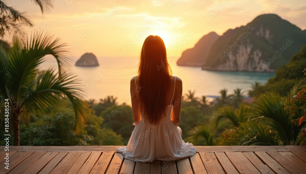 Fototapeta premium Young woman in white dress watches sunset from wooden balcony. She gazes at ocean, islands and palm trees. Tranquil tropical vacation scene.