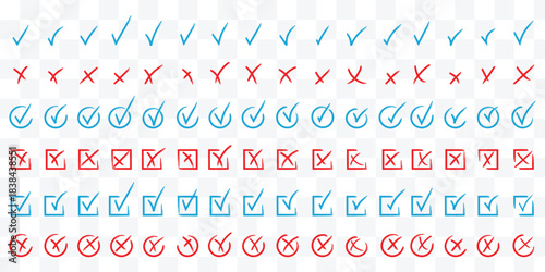 Hand drawn check and cross icons set in circle and square outline checklist marks vector illustration. Check tick mark icon set. Cross box x check mark checkbox v list vector draw hand drawn sketch 