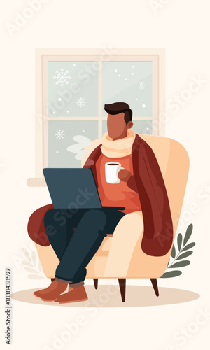  Winter elements. A man sits in a chair at home.