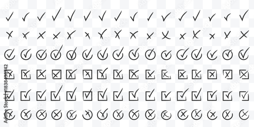 Naklejka premium Print Check tick mark icon set. Cross box x check mark checkbox v list vector draw hand drawn sketch doodle brush marker checklist symbol wrong right circle. Green checkmark marker icon. brush marker