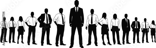 Silhouetted business team standing together in professional poses representing leadership, teamwork, confidence, corporate unity, collaboration, organization concept