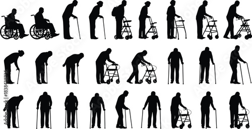 Silhouetted elderly individuals using walkers, canes and wheelchairs representing mobility support, aging, rehabilitation, healthcare assistance, senior independence
