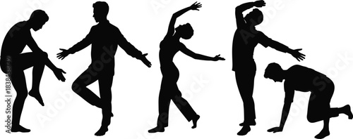 Silhouetted dancers performing expressive movement poses showcasing creativity, flexibility, balance, artistic motion, contemporary dance, physical expression concept