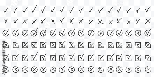 Print Check tick mark icon set. Cross box x check mark checkbox v list vector draw hand drawn sketch doodle brush marker checklist symbol wrong right circle. Green checkmark marker icon. brush marker 