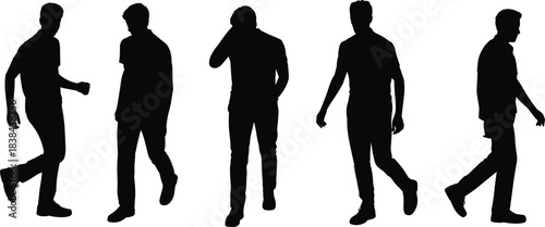 Silhouetted men walking in various poses representing everyday movement, casual behavior, lifestyle actions, body language, direction, human motion