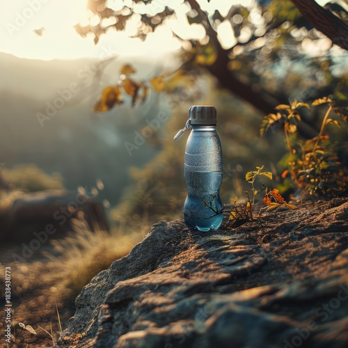 outdoor product photo of a sports water bottle on a rock, morning light, fitness lifestyle mood