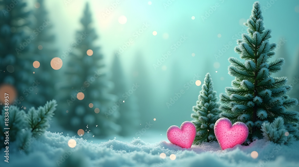 Obraz premium Two pink hearts nestled in a snowy winter forest symbolizing love and romance during the holiday season with soft bokeh lights
