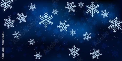 Snowflake Falling Winter Background with Randomly Scattered White Snow Crystals and Blur Effect on a Dark Blue Gradient