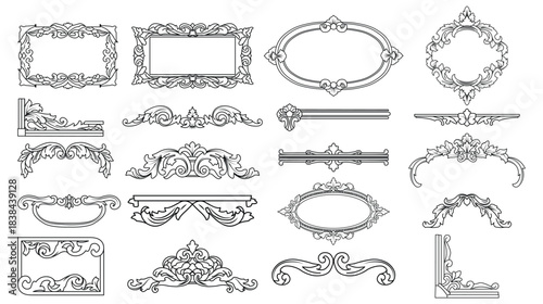 Vintage Ornate Frames & Flourish Borders Decorative Frame Elements Vector Set Elegant Calligraphic Scrollwork Antique Engraving Style 