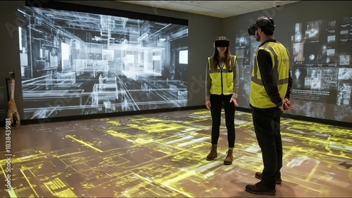 Two people wear VR headsets in a room with projected architectural visualizations
