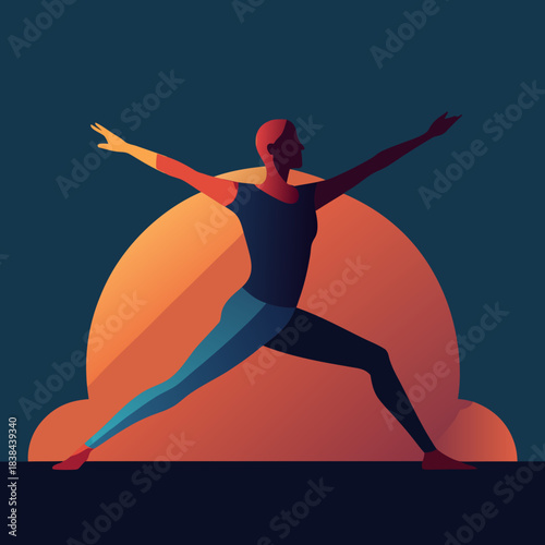 Stylized figure in warrior pose with abstract sun background