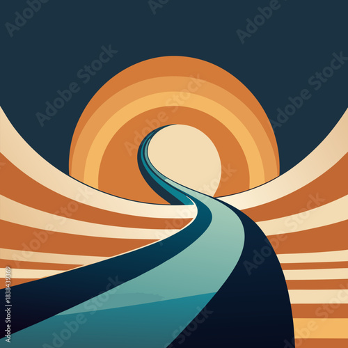Stylized winding road leading towards a retro sunset with abstract waves