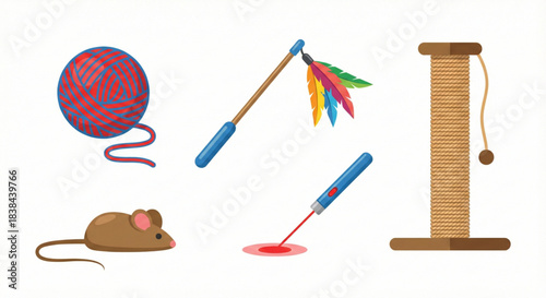 Playful cat toys collection including a yarn ball, feather wand, laser, toy mouse, and scratching post