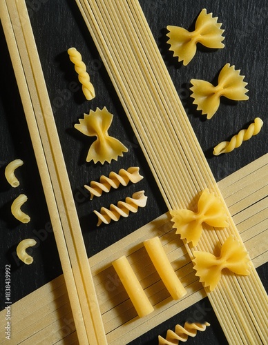 Flat lay of raw pasta noodles.