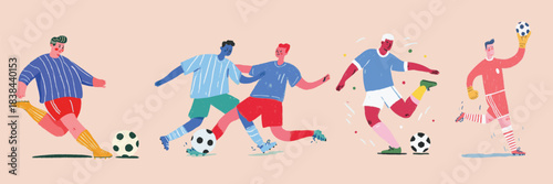 Colorful illustration of footballers playing soccer match with goalkeeper and team action scenes