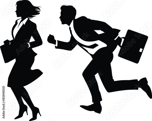 Silhouetted businesswoman and businessman running with briefcases symbolizing urgency, competition, career rush, ambition, fast-paced corporate environment