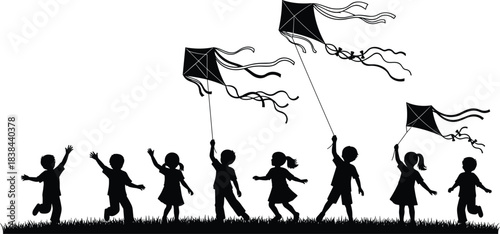 Silhouetted children joyfully playing and flying kites outdoors in open field representing freedom, happiness, movement, childhood fun, recreation