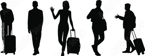 Silhouetted travelers walking and interacting with luggage in airport environment, showcasing modern journey, communication, motion, departure, arrival