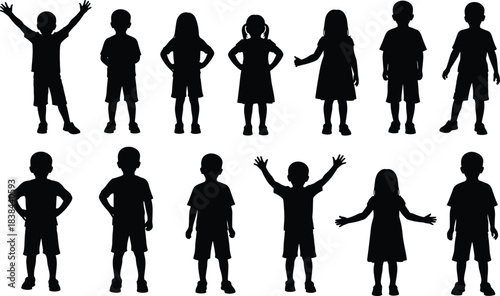 Silhouettes of children standing posing raising arms playful kids group boys girls childhood figures vector illustration black outlines