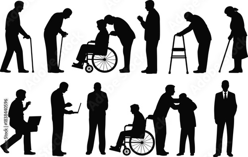 Silhouettes of elderly and disabled people using canes walkers wheelchairs receiving assistance support caregiving rehabilitation mobility aid healthcare help