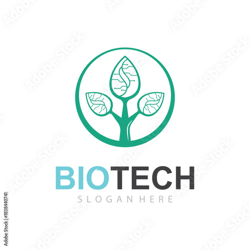 Eco biotechnology molecular circuit logo expressing clean green scientific innovation through leaf design