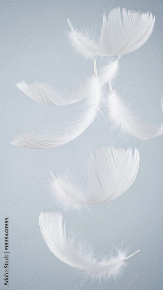 Obraz premium White feather floating in the air. Soft swan feather falling with grace against a pale background. Light and delicate concept for peace and tranquility.